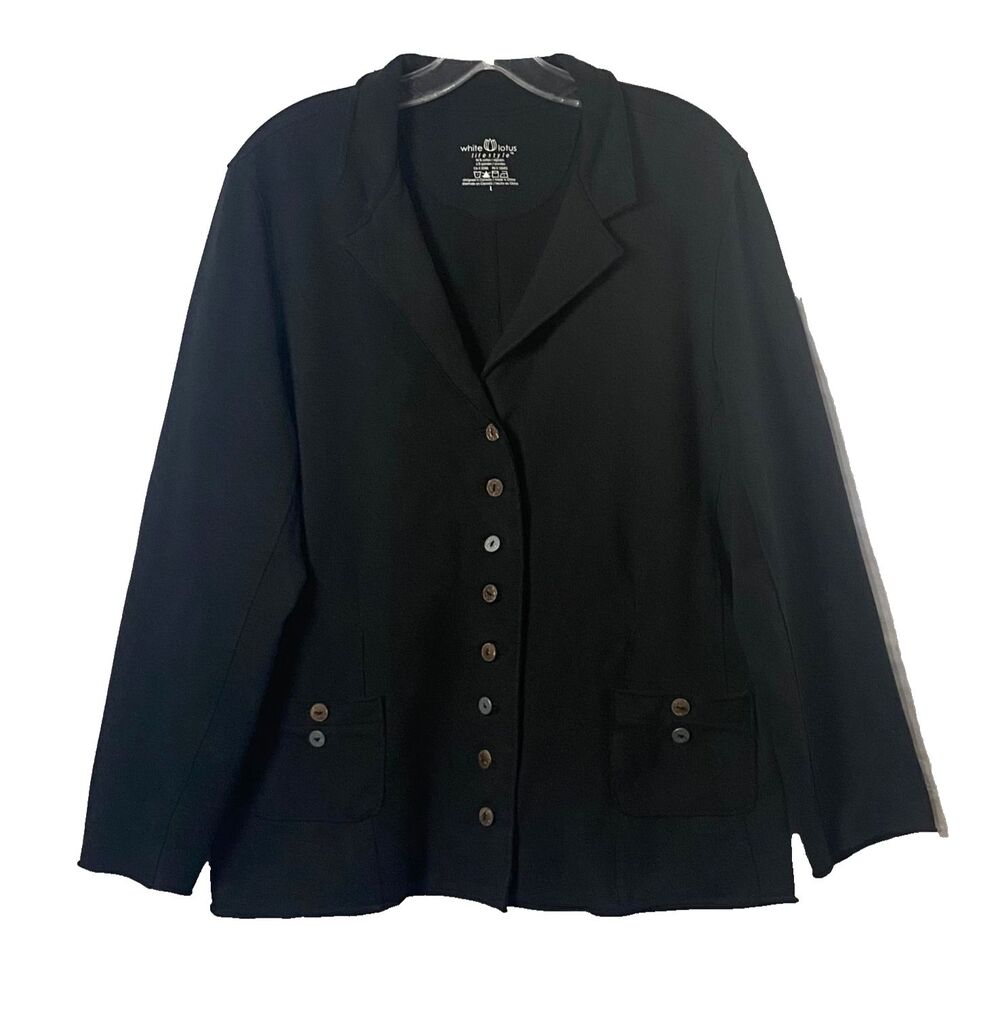 White Lotus Lifestyle Cardigan Jacket Size Large Black Knit Pockets Buttons